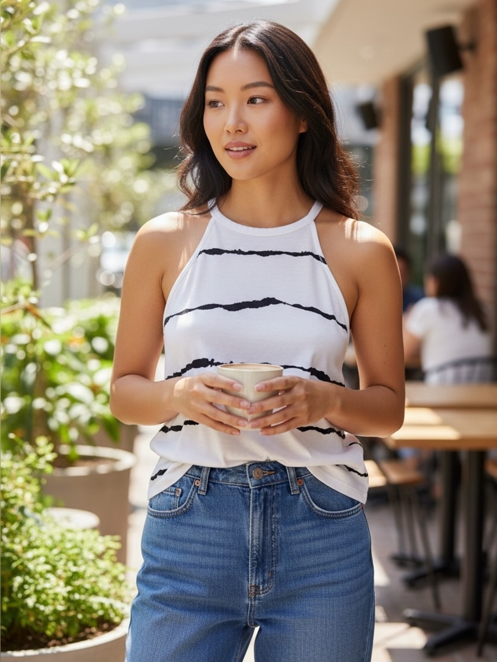SHEIN White Tank Top with Black Stripe Detail